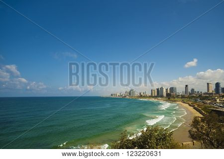 Coastline view of Tel-Aviv, viewed from Jaffa-medieval part of the city. Jaffa was port in ancient times.