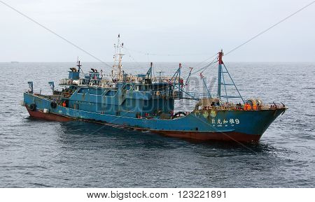 Pacific Ocean - October 30th 2015: The Pacific Ocean 300 nautical miles to the East from the Japanese island of Hokkaido Chinese JU LONG JIA YA fishing vessel No.9.