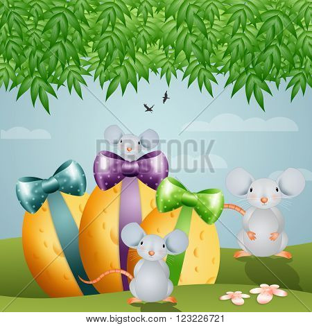 Funny mouse's family with Easter cheese eggs