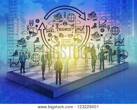 Silhouettes of businesspeole on chess boad through blue hologram. Chess figures above. Concept of business development.