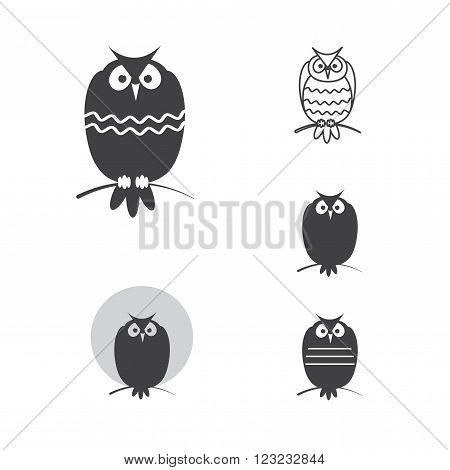 Abstract owls. Five variants of images of owls. Vector set.