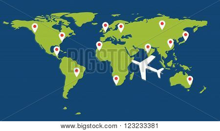 Green world map with white aircraft and pin