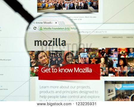 MONTREAL CANADA - MARCH 25 2016 - Mozilla internet page under magnifying glass. Mozilla is a free-software community created in 1998 by members of Netscape