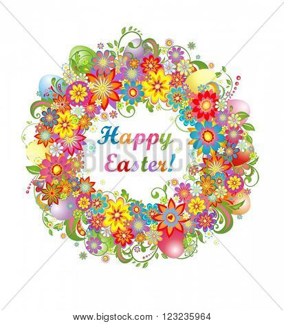 Easter wreath with colorful flowers and saturated eggs