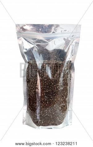 Chia Seeds in Packaging foil zip lock bag. Isolated on white with clipping paths.