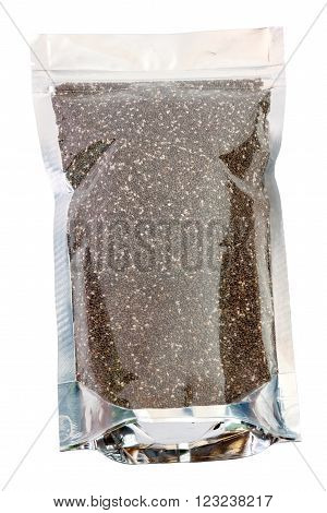 Chia Seeds in Packaging foil zip lock bag. Isolated on white with clipping paths.