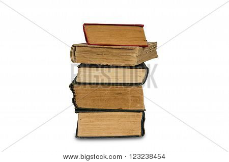 A stack of old books on a white background