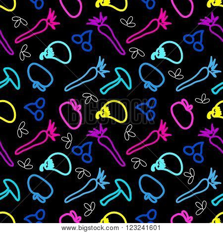 vegetables and fruits graffiti on a black background seamless pattern vector illustration abstract high quality