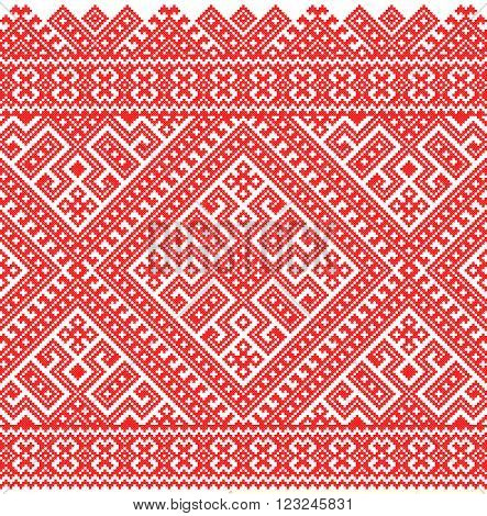red embroidered good like old handmade cross-stitch ethnic Ukraine pattern. Ukrainian towel with ornament, rushnyk called, in vector