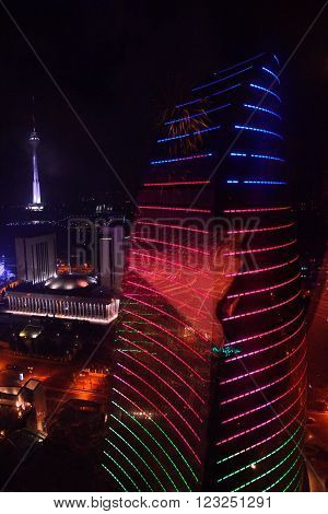 View of one of the Flame Towers from the Royal Suite in Baku, capital of Azerbaijan. A night view of Baku, showing part of the ultra-modern Flame Towers, taken from the highest room in a hotel in the Flame Towers
** Note: Visible grain at 100%, best at s