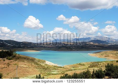 View across Lake Vinuela towards the mountains Costa del Sol Malaga Province Andalusia Spain Western Europe.
** Note: Visible grain at 100%, best at smaller sizes