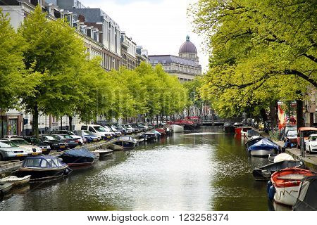 AMSTERDAM; THE NETHERLANDS - AUGUST 18; 2015: View on Leidseplein, beetwen Zieseniskade street and Lijnbaansgracht street from bridge Spiegelgracht. Amsterdam is capital of the Netherlands on August 18; 2015.