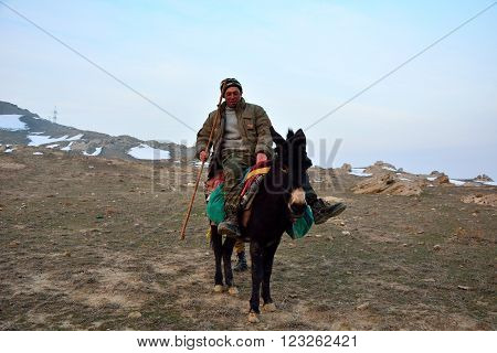 LOKBATAN, AZERBAIJAN - FEBRUARY 8 2014 
Azerbaijani shepherd on mule. A traditional way of life remains for herdsmen in Lokbatan, a small town 15km south west of Baku, Azerbaijan