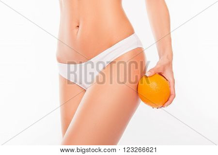 Close Up Portrait Of Sexy Woman Holding Orange Near Her Hip