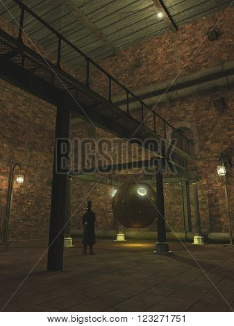 Science fiction illustration of a Steam Punk gentleman inventor looking at his experimental machine, 3d digitally rendered illustration (3d illustration, 3d rendering)