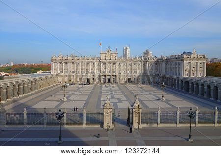 Morning on the Palace Square. Royal Palace in Madrid