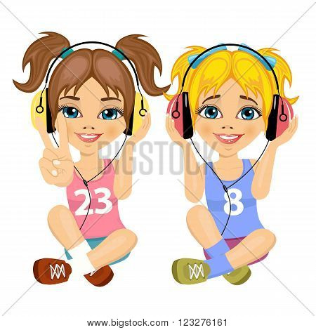 two cute teenager girls sitting together on floor listening music with headphones isolated on white background