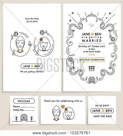 SET OF WEDDING INVITATION CARDS. wedding collection with doodle line art elements. Editable vector illustration mock up file.