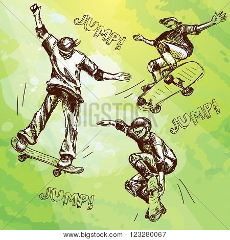 Hand drawn skateboarders. Vector collection of skateboarders on grange background for your design