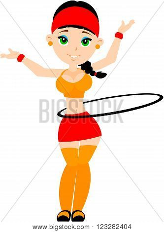 The girl goes in for sports in the gym. Exercise with hula hoop.