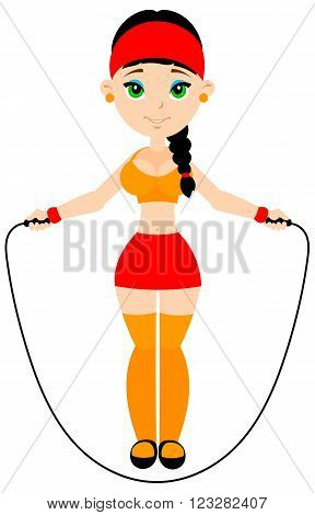 The girl goes in for sports in the gym. Jumping rope.