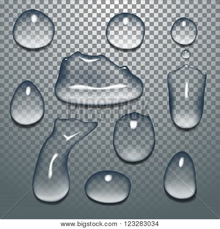 Set of clear water drops realistic and pure contrast and oily isolated vector illustration