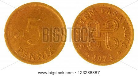 5 Pennia 1973 Coin Isolated On White Background, Finland