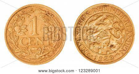 1 Cent 1929 Coin Isolated On White Background, Netherlands