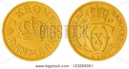 1 Krone 1929 Coin Isolated On White Background, Denmark