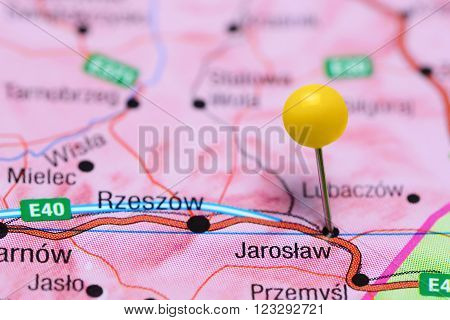 Photo of pinned Jaroslaw on a map of Poland. May be used as illustration for traveling theme.