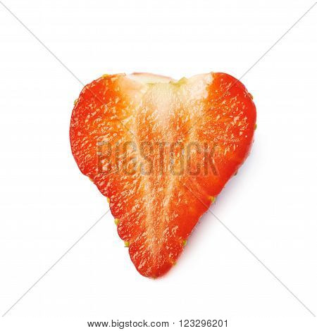 Slice cross-section of a single ripe red strawberry isolated over the white background