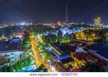 Can Tho, Vietnam - February 3rd, 2016: Can Tho city night with building architecture to shine, far away from television towers demonstrate civilized development regional Mekong Delta Can Tho, Vietnam