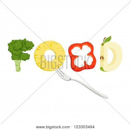 Healthy food lettering. vegatables isolated on white background. Vegeterian food.