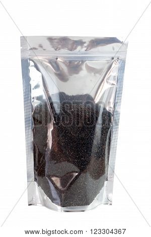 Black sesame seeds in packaging foil zip lock bag. Isolated on white with clipping paths.
** Note: Soft Focus at 100%, best at smaller sizes