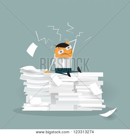 Vector Cute cartoon employee sitting on a lot of paper documents. Flat design Illustration Businessman in stress and hard work A lot of work concept