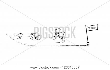 Vector draw doodle cartoon. Businessman competition Running Races to finish line. Businessman winning a race is ride two wheel electric vehicles. Business competition success concept.