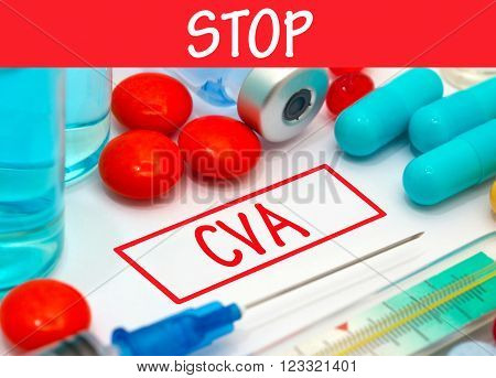 Stop CVA. Vaccine to treat disease. Syringe and vaccine with drugs.