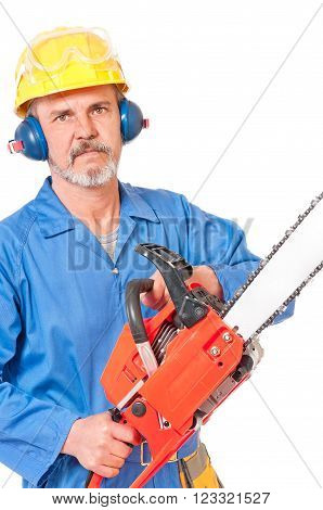 Adult sawyer with gasoline-powered chainsaw isolated on white background