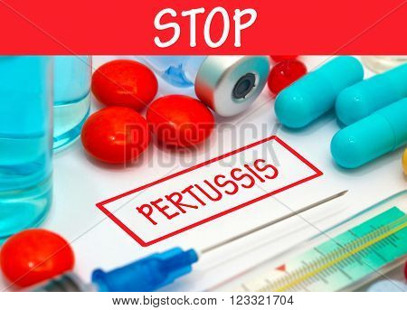 Stop pertussis. Vaccine to treat disease. Syringe and vaccine with drugs.