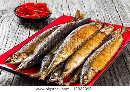Baked saury on a red rectangular dish close-up top view