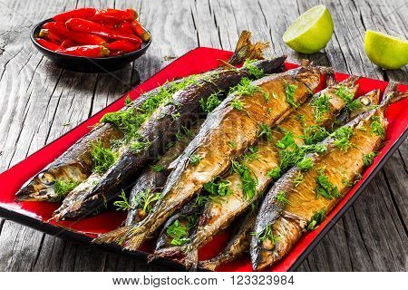 Baked saury on a red rectangular dish close-up top view