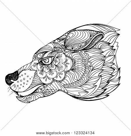 hand drawn ink doodle wolf on white background. Coloring page - zendala design forr adults poster print t-shirt invitation banners flyers.
