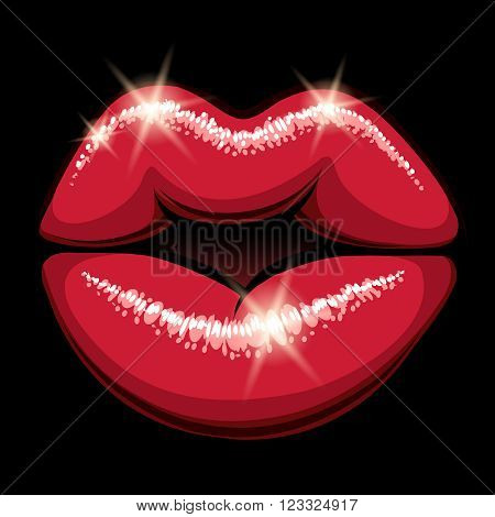 Glowing female lips. Vector kiss print in pop art style