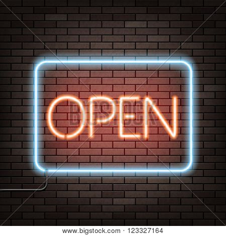 Neon sign with the word open on a brick wall. Stock vector illustration.