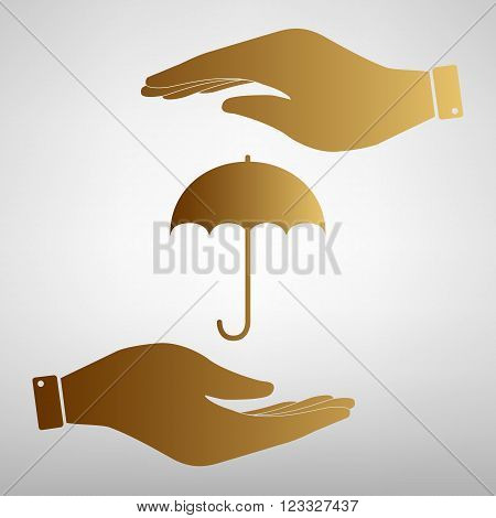 Umbrella sign icon. Rain protection symbol. Save or protect symbol by hands. Golden Effect.