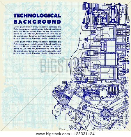 Retro monochrome  technical background, drawing  engine and space for your text. Texture of graph paper can be turned off.