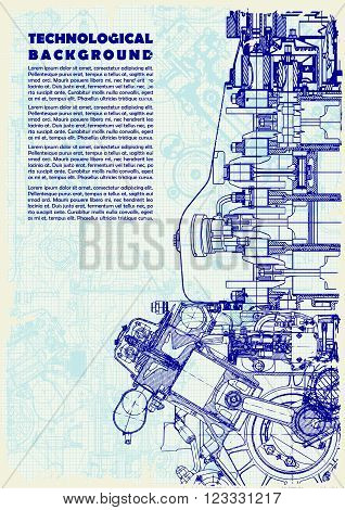 Retro monochrome  technical background, drawing  engine and space for your text. Texture of graph paper can be turned off.