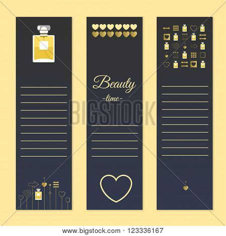 Perfume and beauty gift cards with notes. Stock vector illustration.Fragrance with golden decorative elements. Vector illustration for holiday cards and shopping catalog.