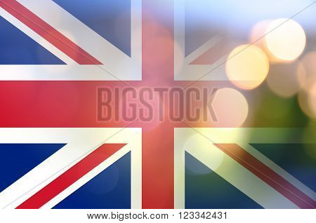 Flag of United Kingdom with blurred lights.
