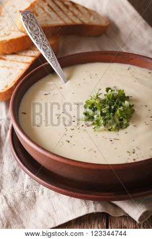 Cream Soup Cauliflower And Toast Close Up On The Table. Vertical